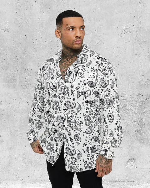 PAISLEY SKULLS LS BUTTON UP - White/Black – Saint Morta